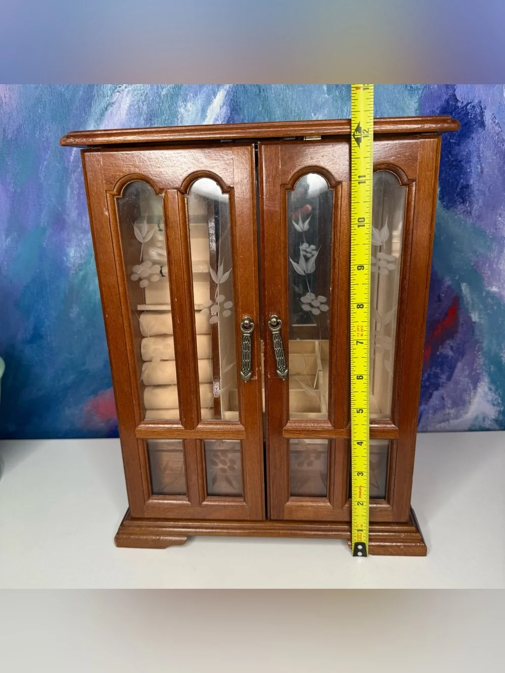 Vintage Wooden Jewelry Box Etched Floral Glass 1980s Armoire Chest Mirror Drawer